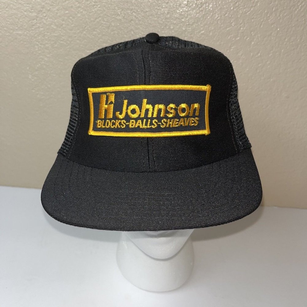 Vintage Mesh Trucker Black Hat Patch H Johnson Wrecking Ball Co Made In USA